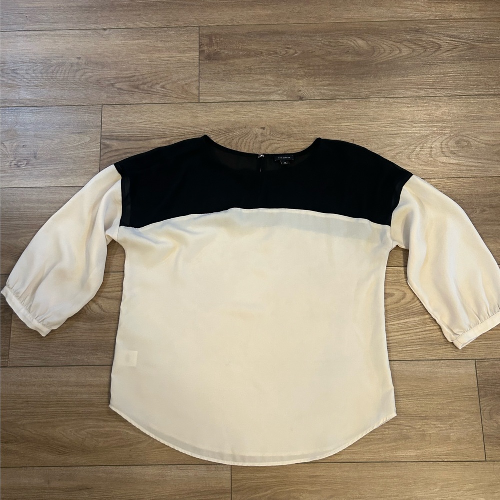 Ann Taylor Black Ivory Colorblock Sheer‎ Yoke Blouse 3/4 Sleeve Size M